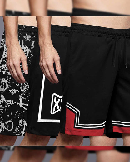 (Pack Of 3) Men Printed & Colorblocked Black Shorts