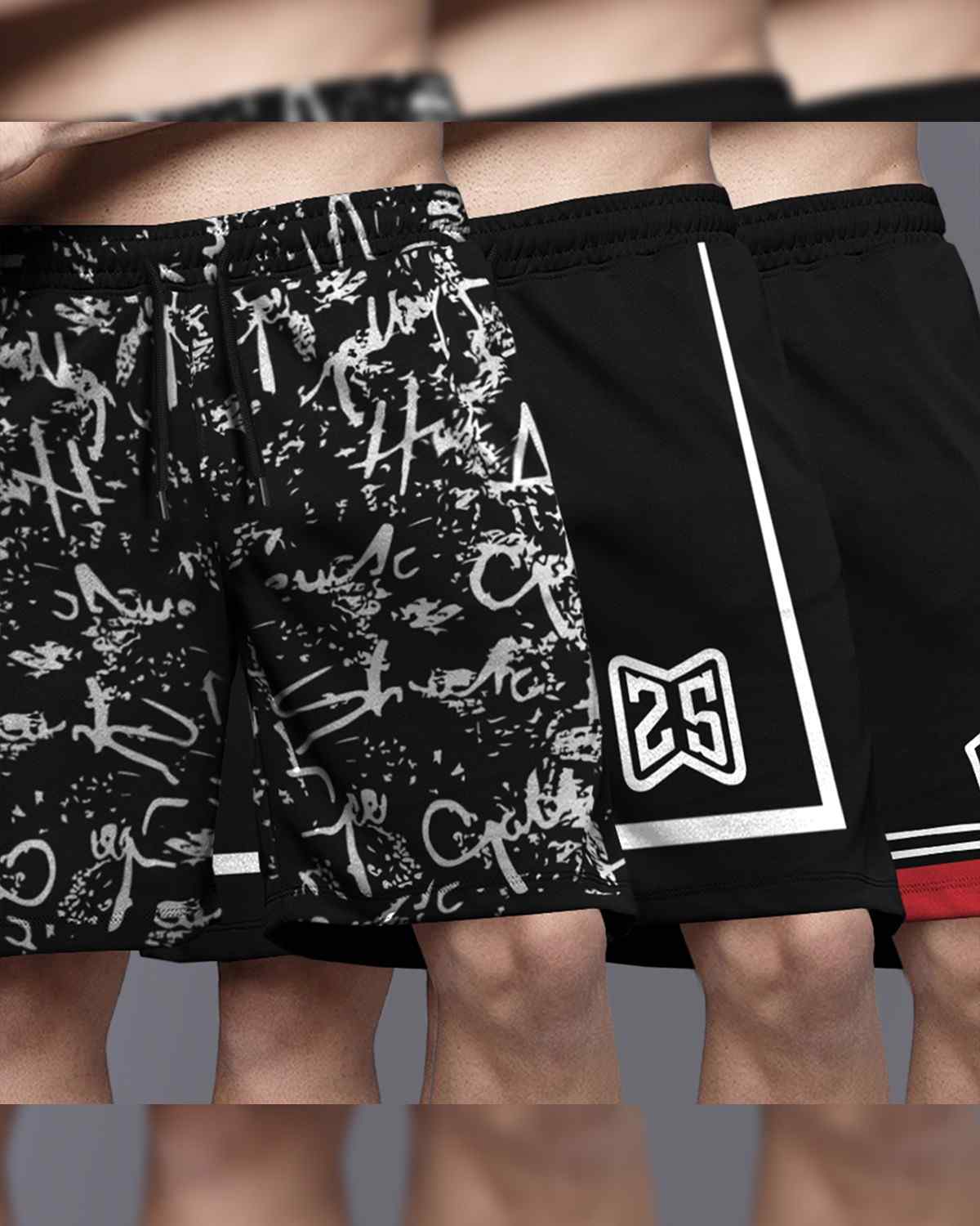 (Pack Of 3) Men Printed & Colorblocked Black Shorts