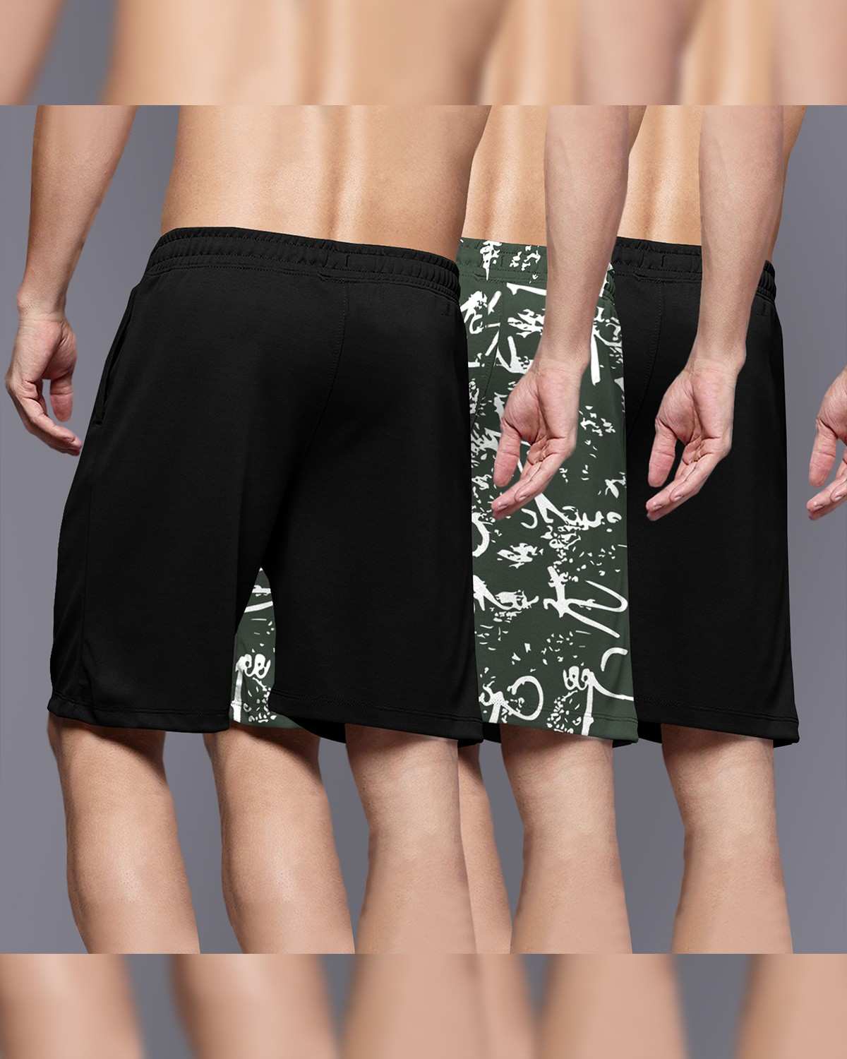 (Pack Of 3) Men Printed Black & Olivegreen Shorts