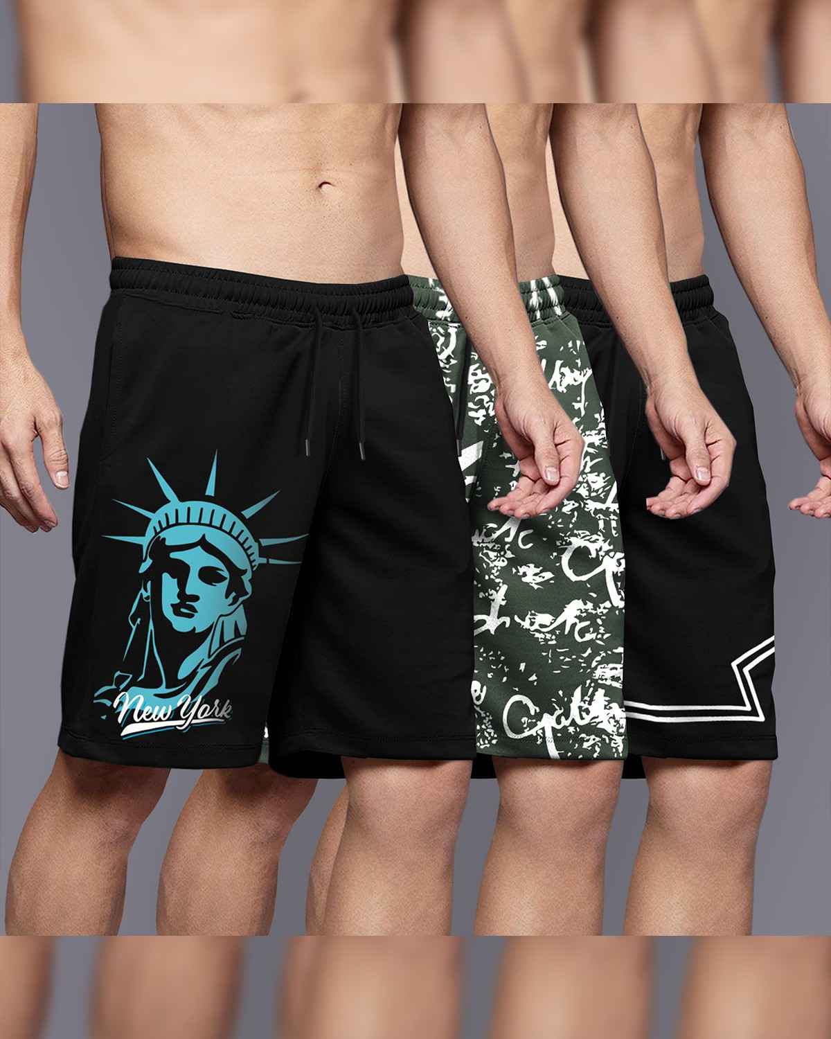(Pack Of 3) Men Printed Black & Olivegreen Shorts