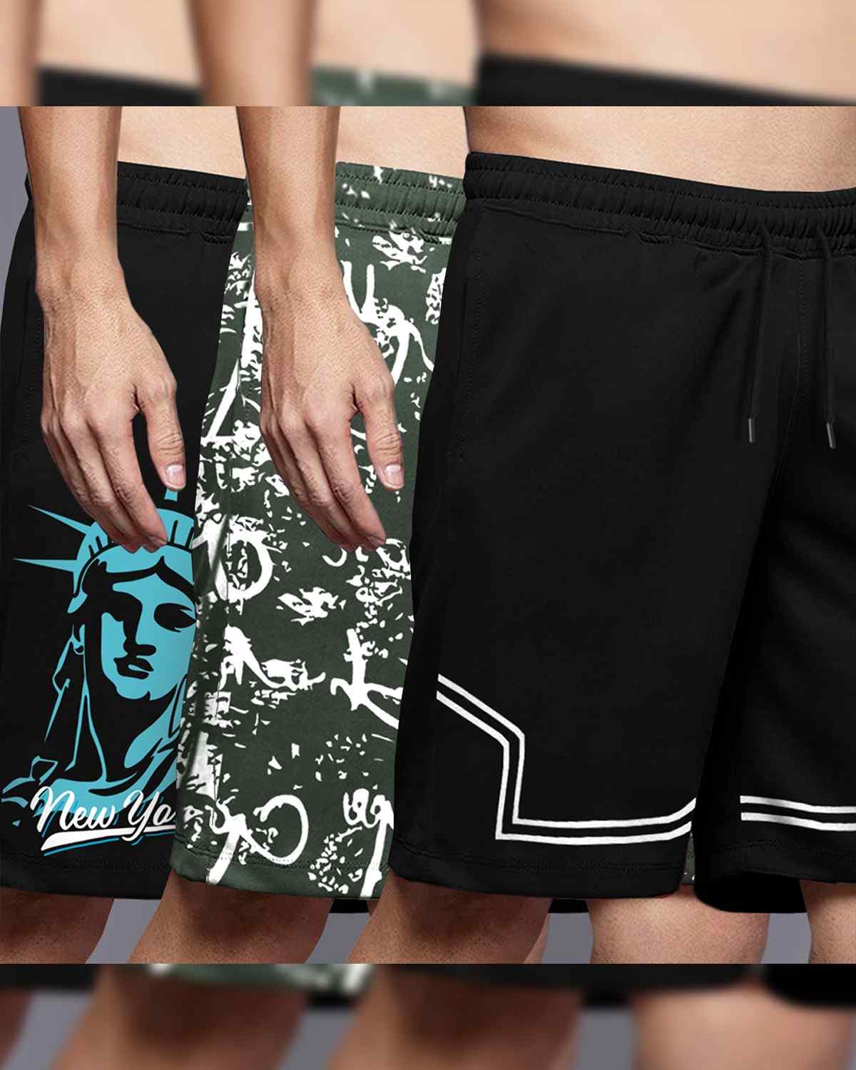 (Pack Of 3) Men Printed Black & Olivegreen Shorts