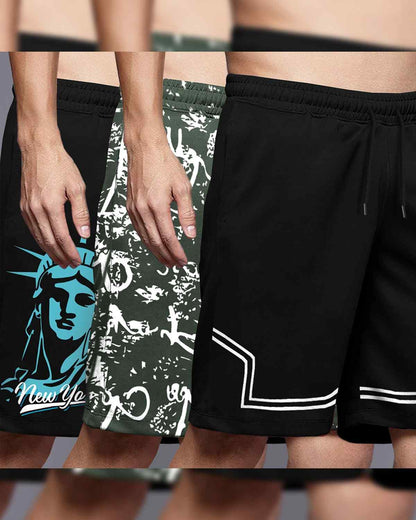 (Pack Of 3) Men Printed Black & Olivegreen Shorts