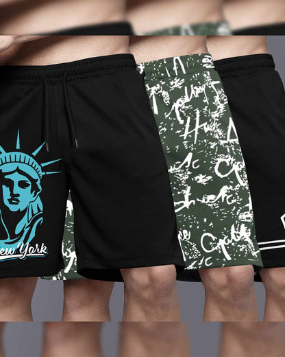 (Pack Of 3) Men Printed Black & Olivegreen Shorts