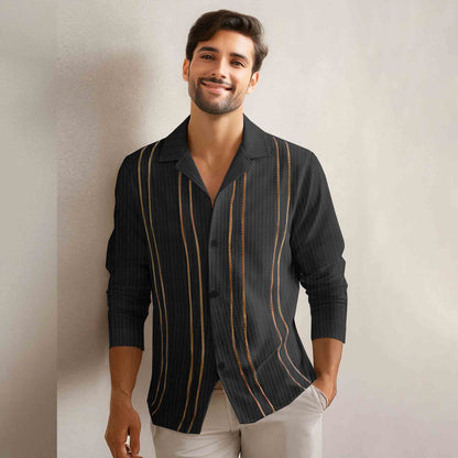 Men Smart Casual Full Sleeve Textured Pattern Vertical Stripes Black Shirt