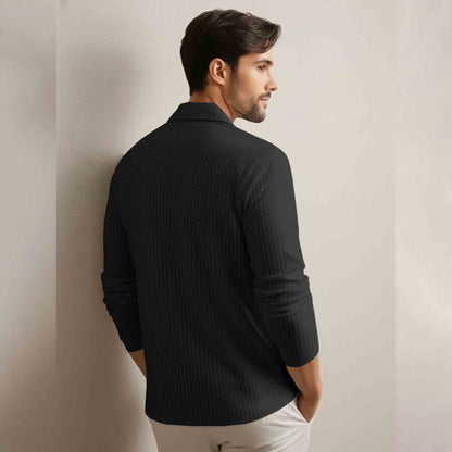Men Smart Casual Full Sleeve Textured Pattern Vertical Stripes Black Shirt