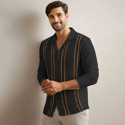 Men Smart Casual Full Sleeve Textured Pattern Vertical Stripes Black Shirt