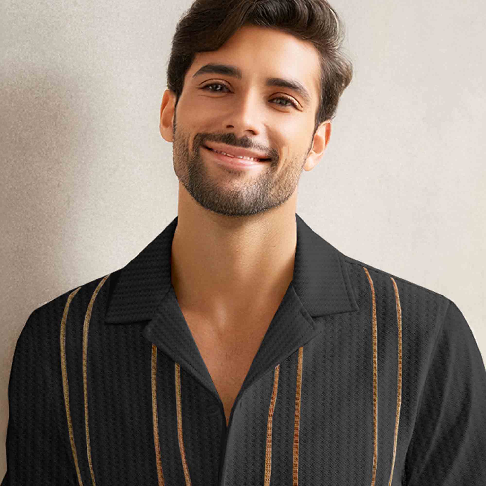 Men Smart Casual Full Sleeve Textured Pattern Vertical Stripes Black Shirt