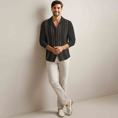 Men Smart Casual Full Sleeve Textured Pattern Vertical Stripes Black Shirt