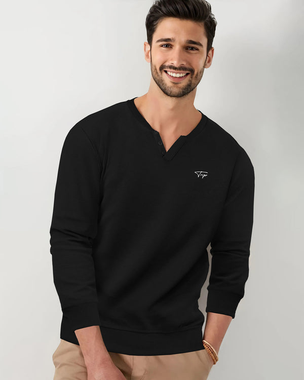 Men Solid Black V-Neck Non-Hooded Sweatshirt