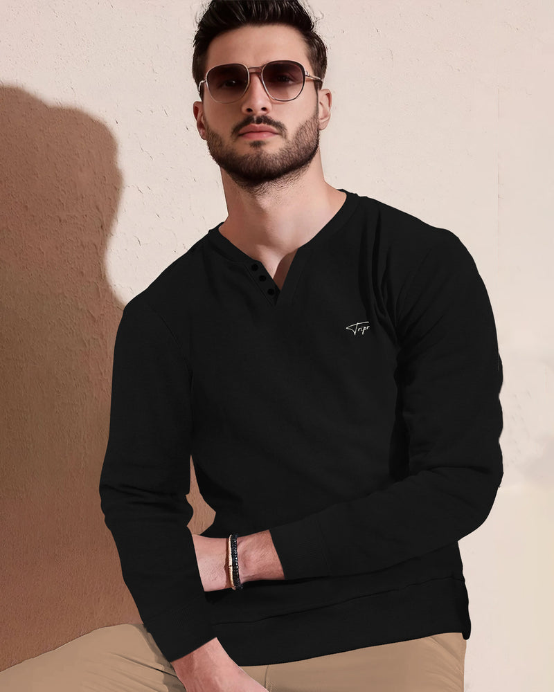 Men Solid Black V-Neck Non-Hooded Sweatshirt