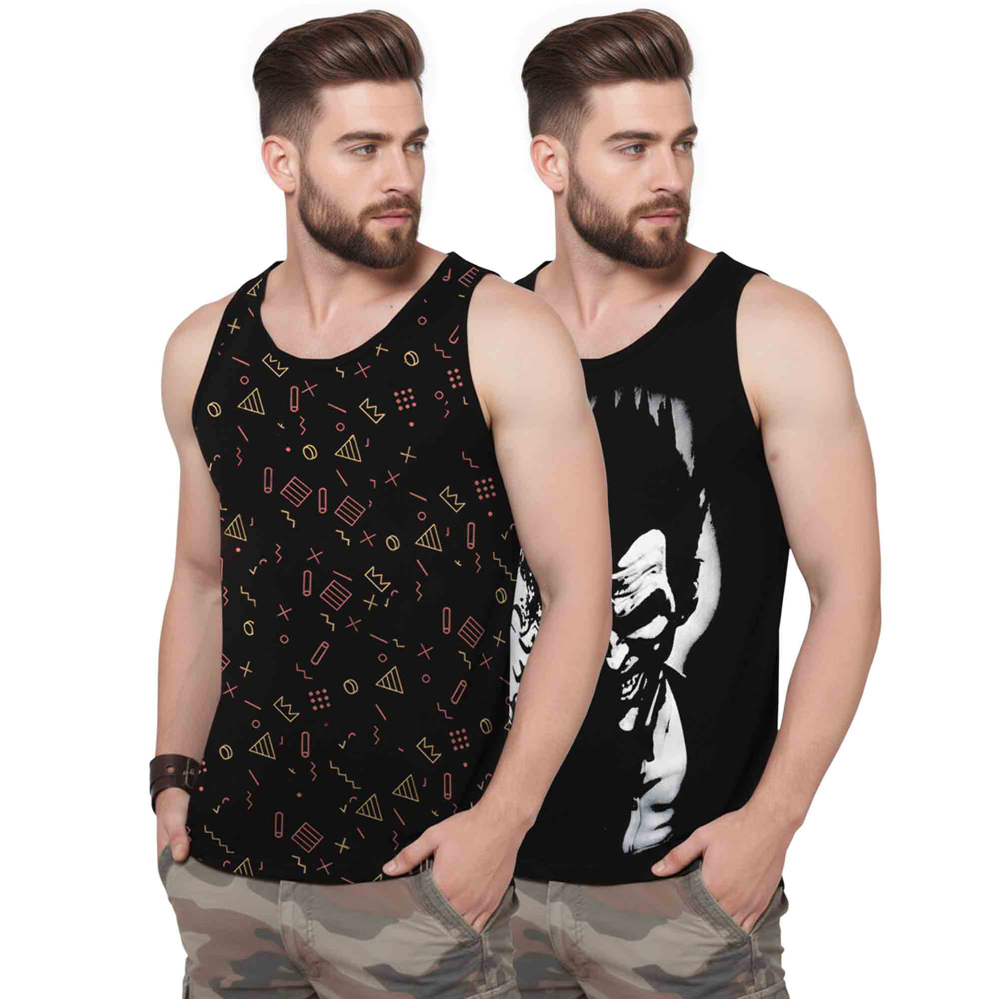 (Pack Of 2) Men Printed Vest Black