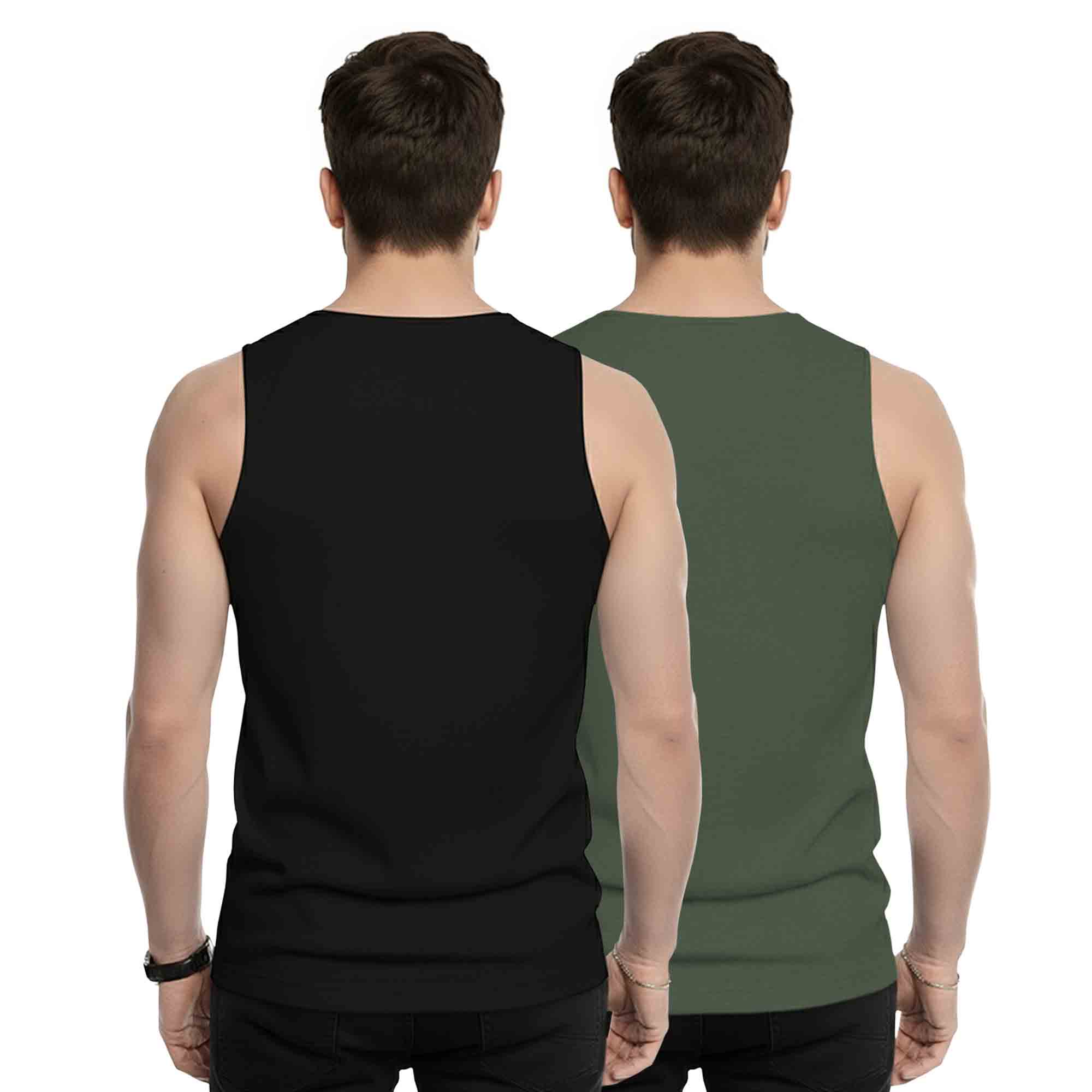 (Pack Of 2) Men Printed Vest Black & Olivegreen
