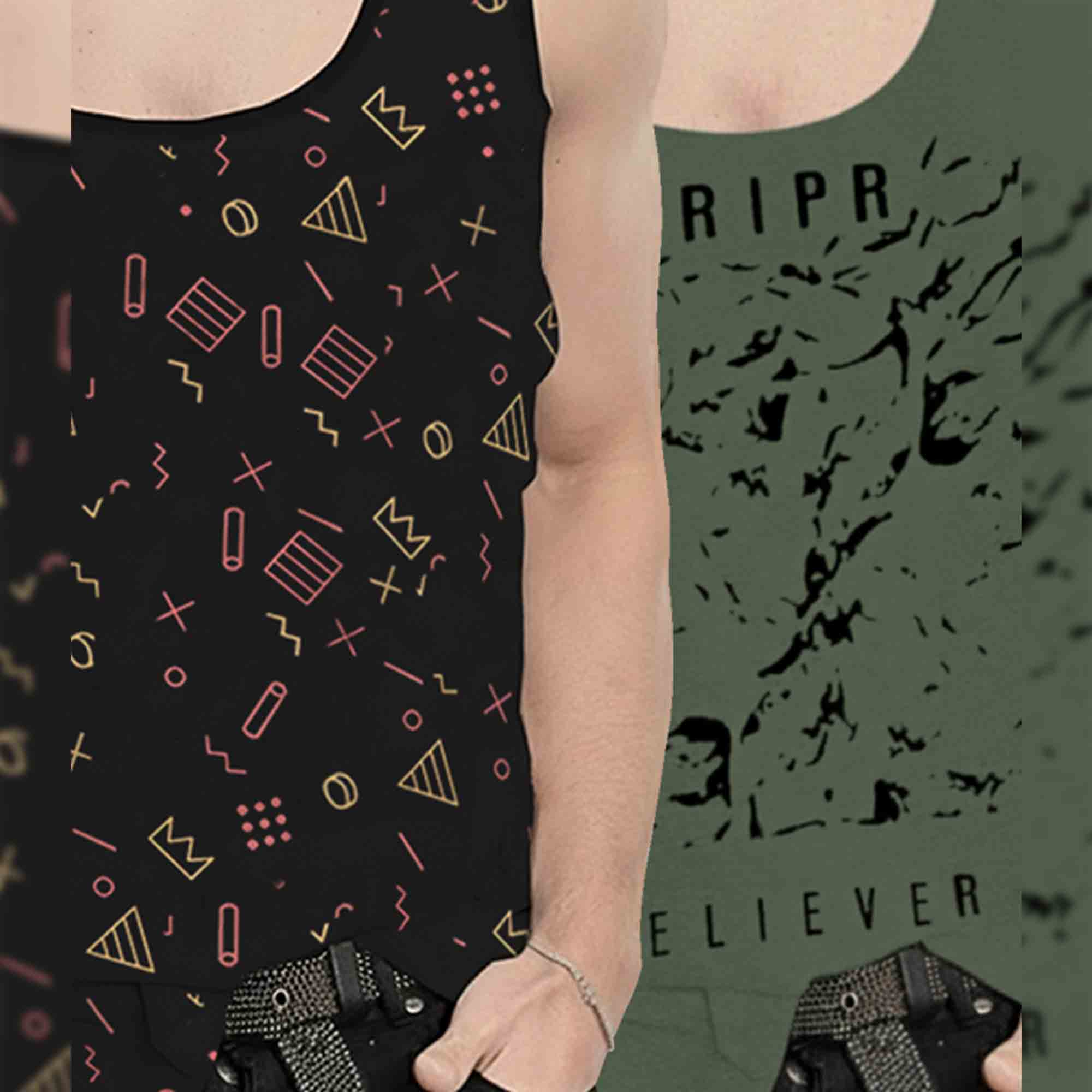 (Pack Of 2) Men Printed Vest Black & Olivegreen