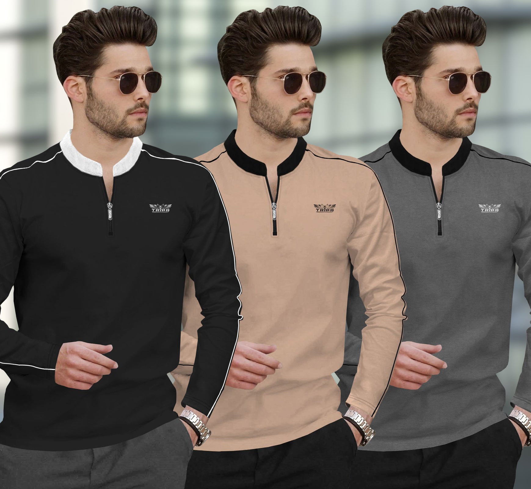 (Pack Of 3) Henley Neck Full Sleeve Colorblocked T-shirts