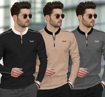 (Pack Of 3) Henley Neck Full Sleeve Colorblocked T-shirts