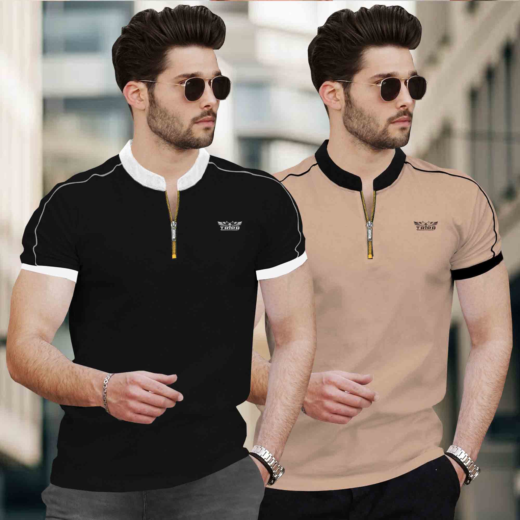 Men Pack of 2 Mandarin Collar Golden Zip Neck Combo Tshirts