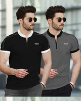 Mens Henely Neck Half Sleeve T-shirts (Pack Of 2) / Black & Dark Grey