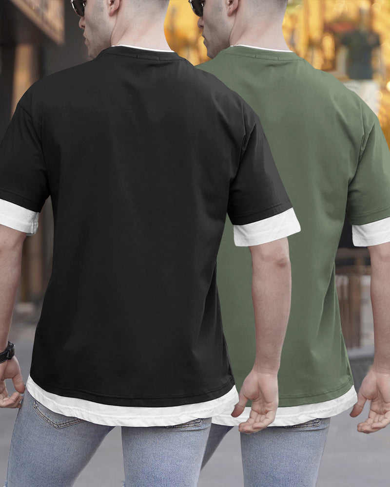 (pack of 2) men Drop Shoulder T-SHIRT | black & olivegreen