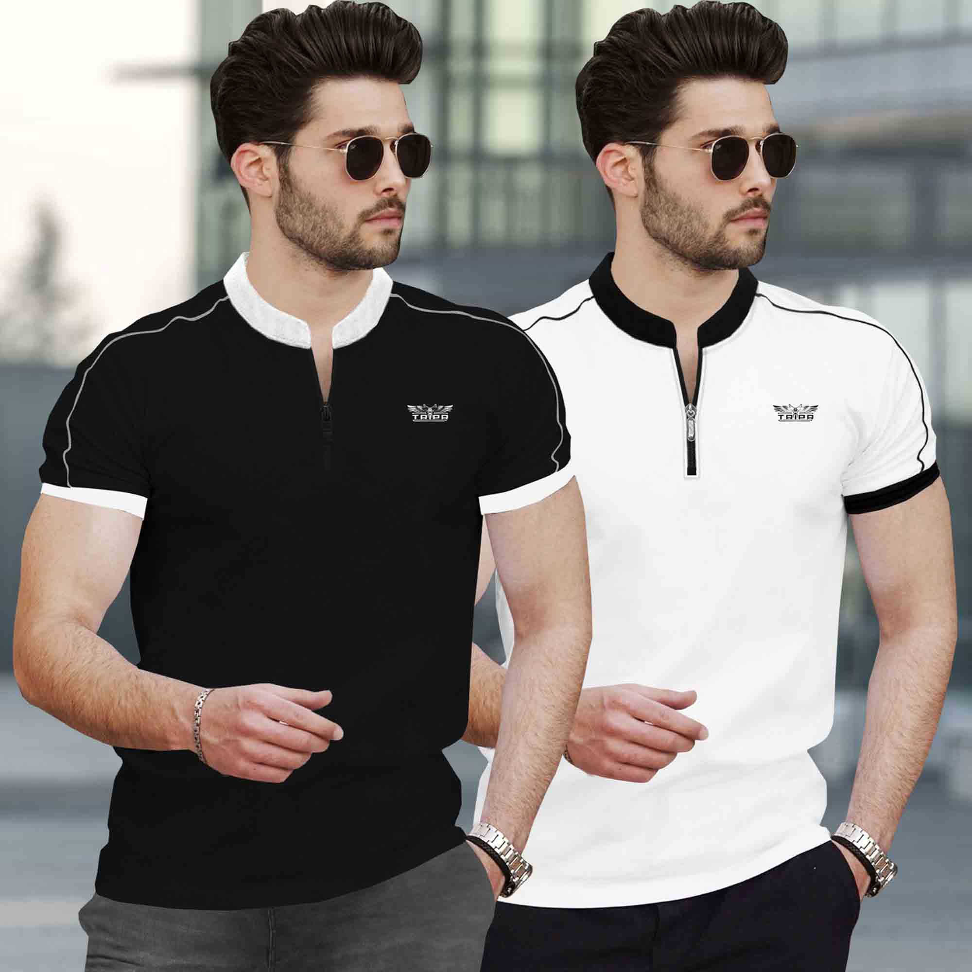 Mandarin Neck Half Sleeve Multicolor (Pack Of 2) T-shirts-12 Variants