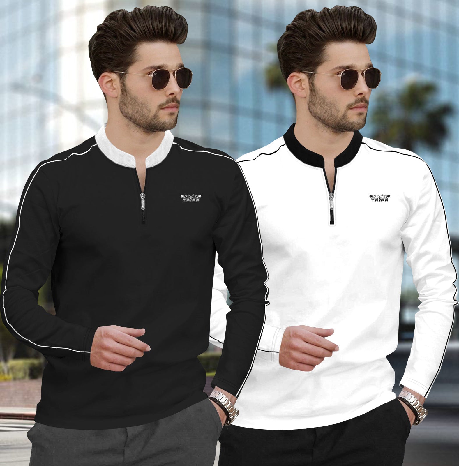 (Pack Of 2) Mandarin Neck Full Sleeve Multicolor Tshirts- 10 Variants