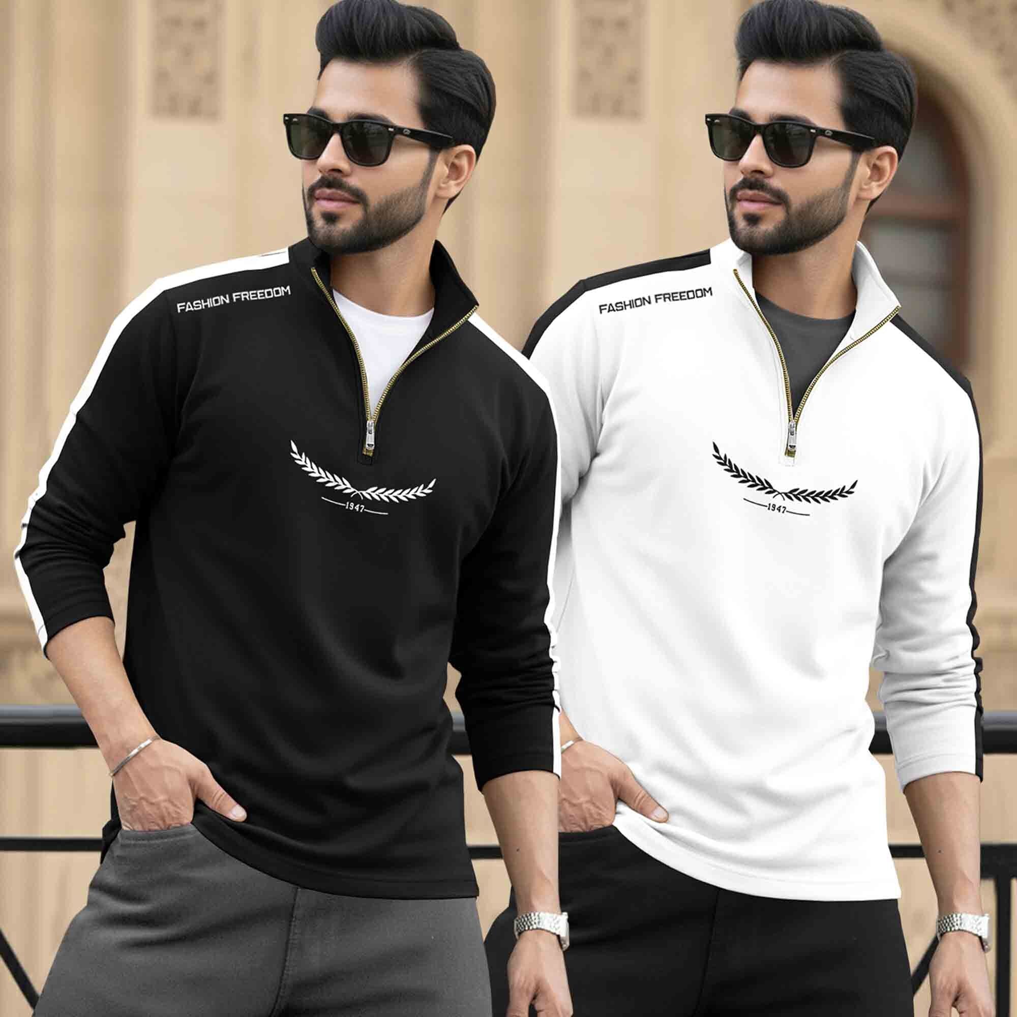 (Pack Of 2) Full Sleeve High Neck Quarter Zip Neck T-shirts Black & White
