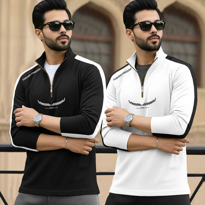 (Pack Of 2) Full Sleeve High Neck Quarter Zip Neck T-shirts Black & White