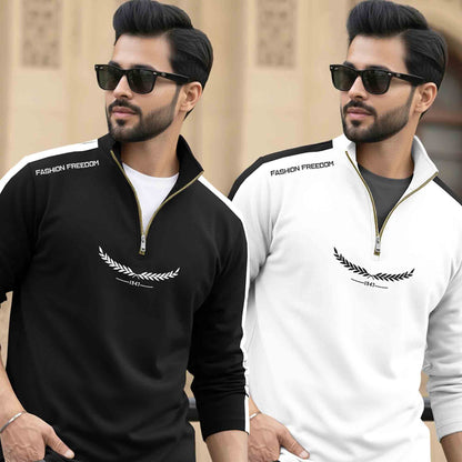 (Pack Of 2) Full Sleeve High Neck Quarter Zip Neck T-shirts Black & White