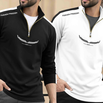 (Pack Of 2) Full Sleeve High Neck Quarter Zip Neck T-shirts Black & White