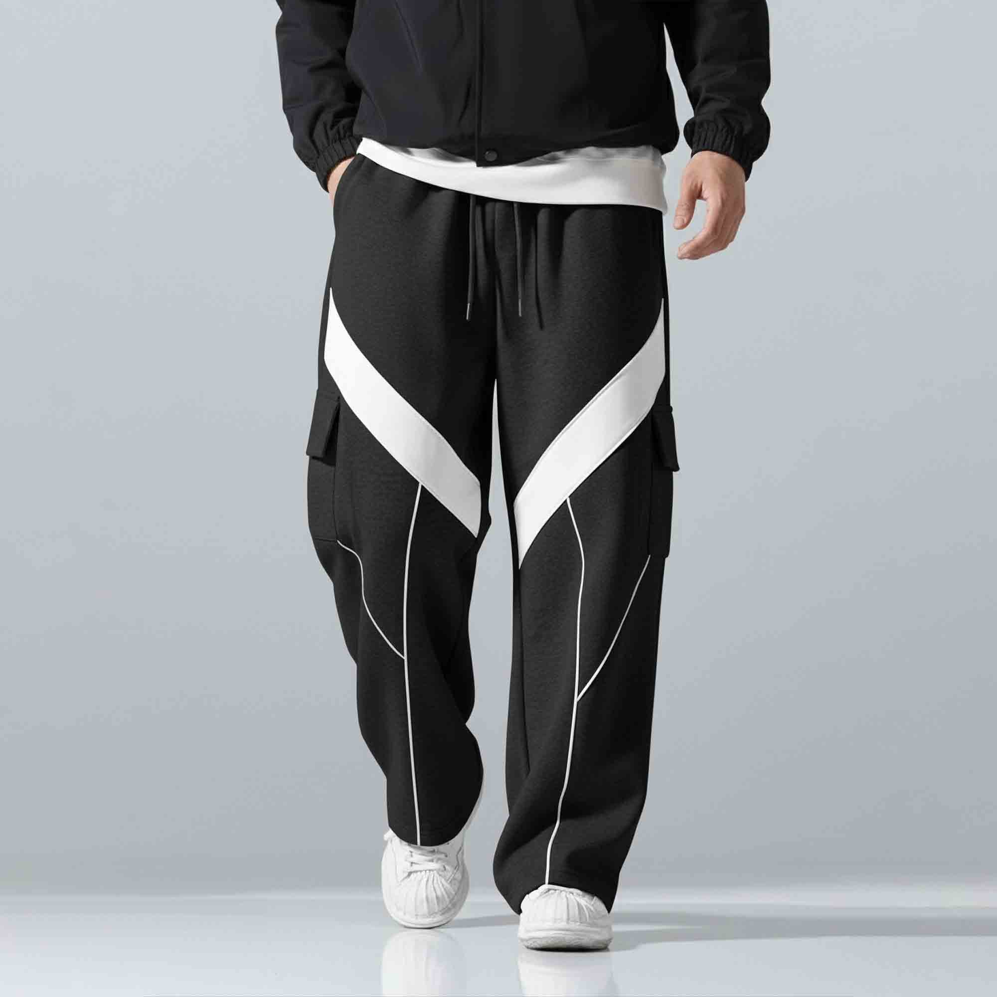 Multi Pockets Colorblocked Plain Baggy Cargo Black