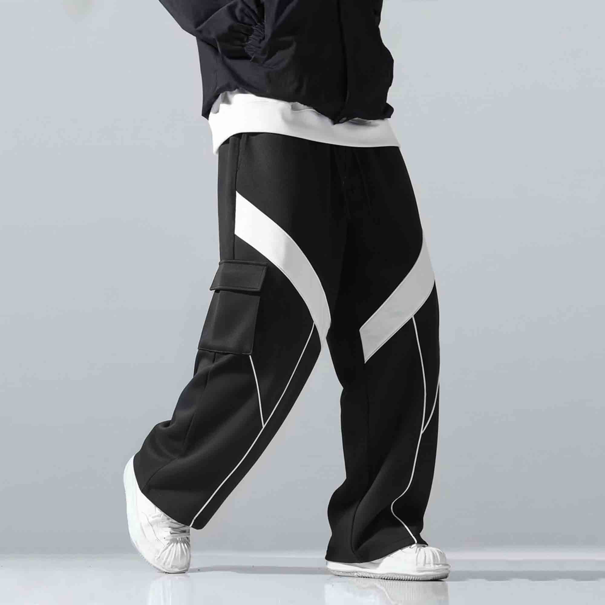 Multi Pockets Colorblocked Plain Baggy Cargo Black