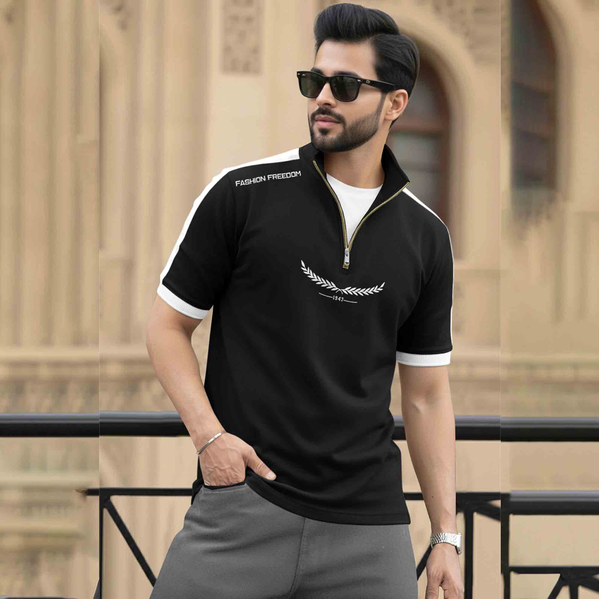 Dual Color High Neck Printed Tshirt Black & White