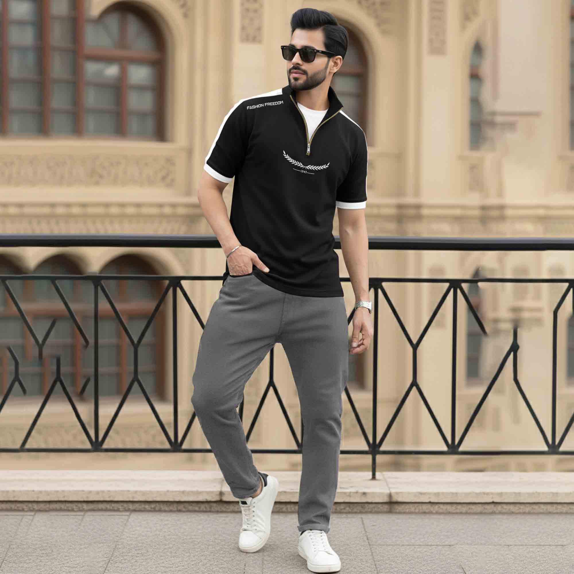 Dual Color High Neck Printed Tshirt Black & White