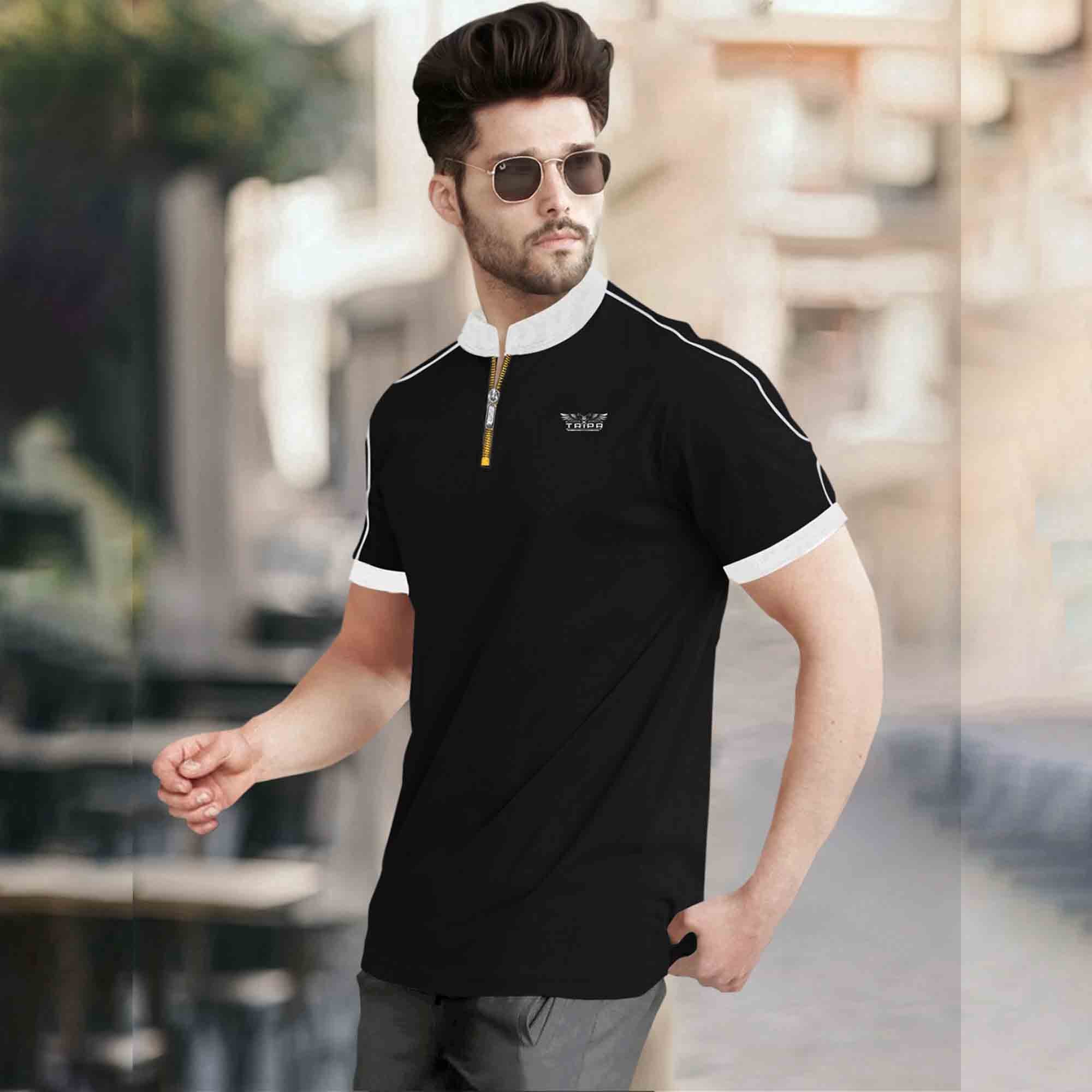 Mandarin Collar Quarter Zip Half Sleeve Tshirt Black