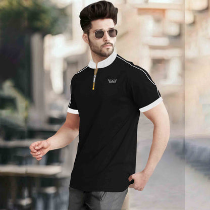 Mandarin Collar Quarter Zip Half Sleeve Tshirt Black