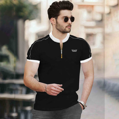 Mandarin Collar Quarter Zip Half Sleeve Tshirt Black