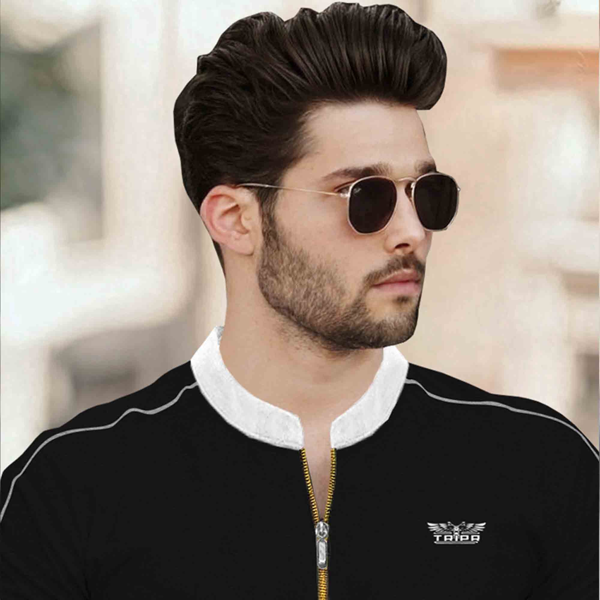 Mandarin Collar Quarter Zip Half Sleeve Tshirt Black