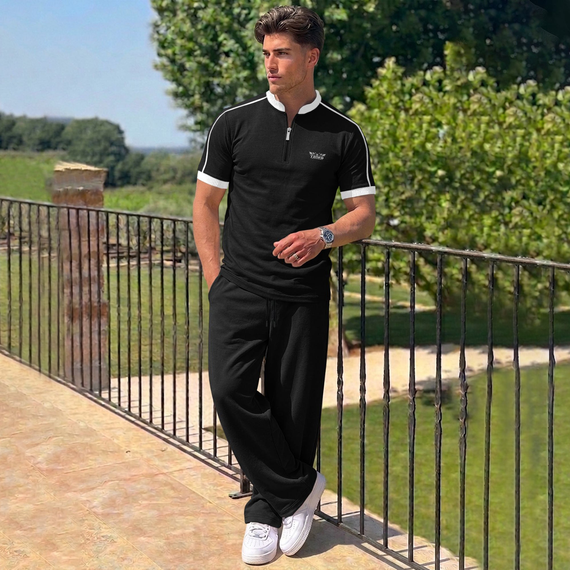 Men Tracksuit High Neck Tshirts Loose Fit Plain Trackpants