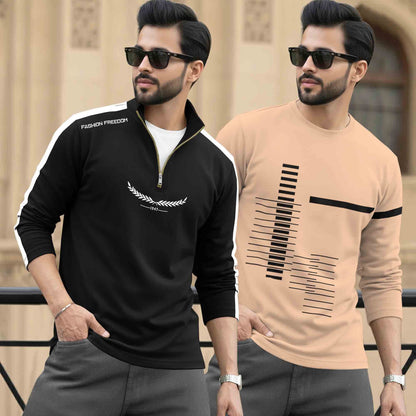 (Pack Of 2) Full Sleeve Printed T-shirts Black & Beige
