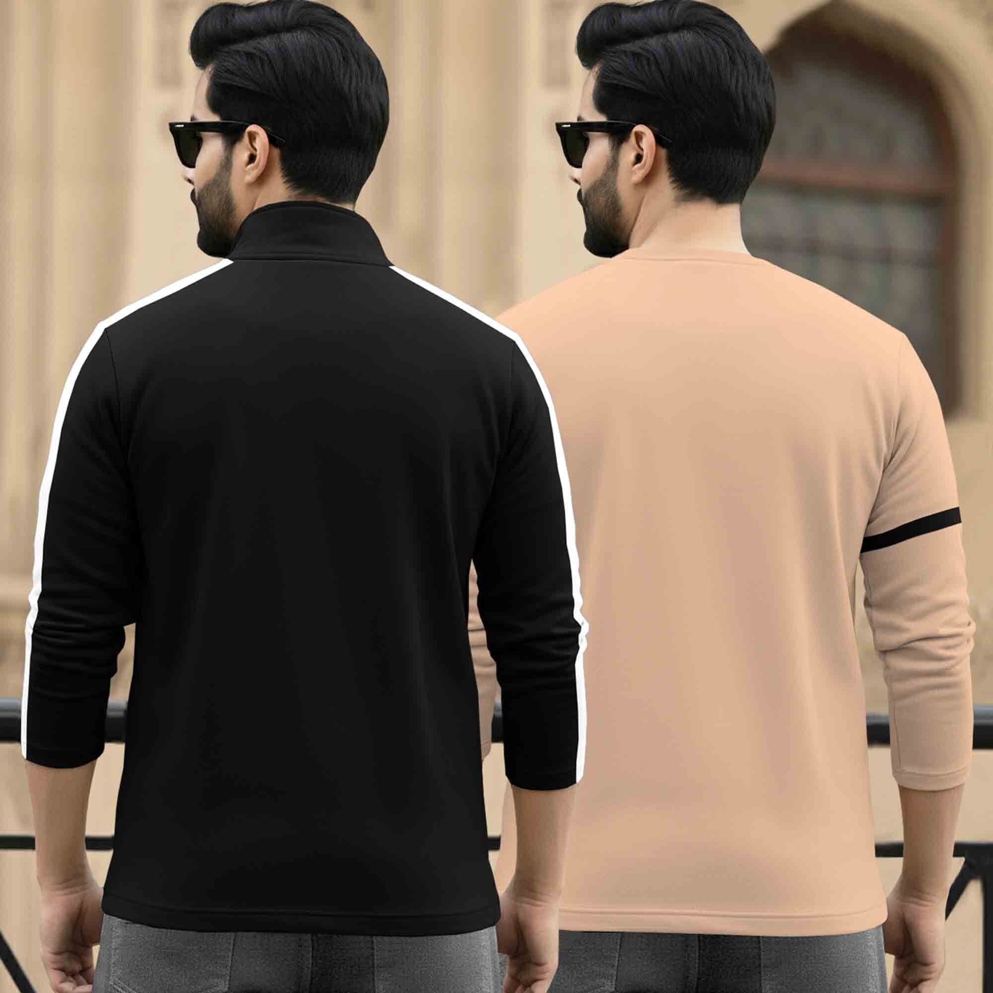 (Pack Of 2) Full Sleeve Printed T-shirts Black & Beige