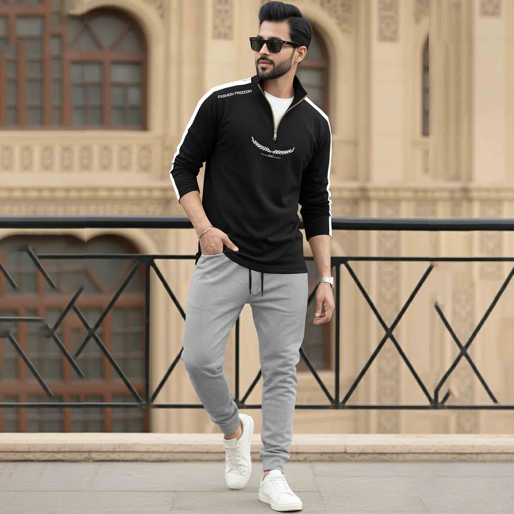 Men Tracksuit - High Neck Full Sleeve Printed T shirts & Plain Track Pants - 17 Variants