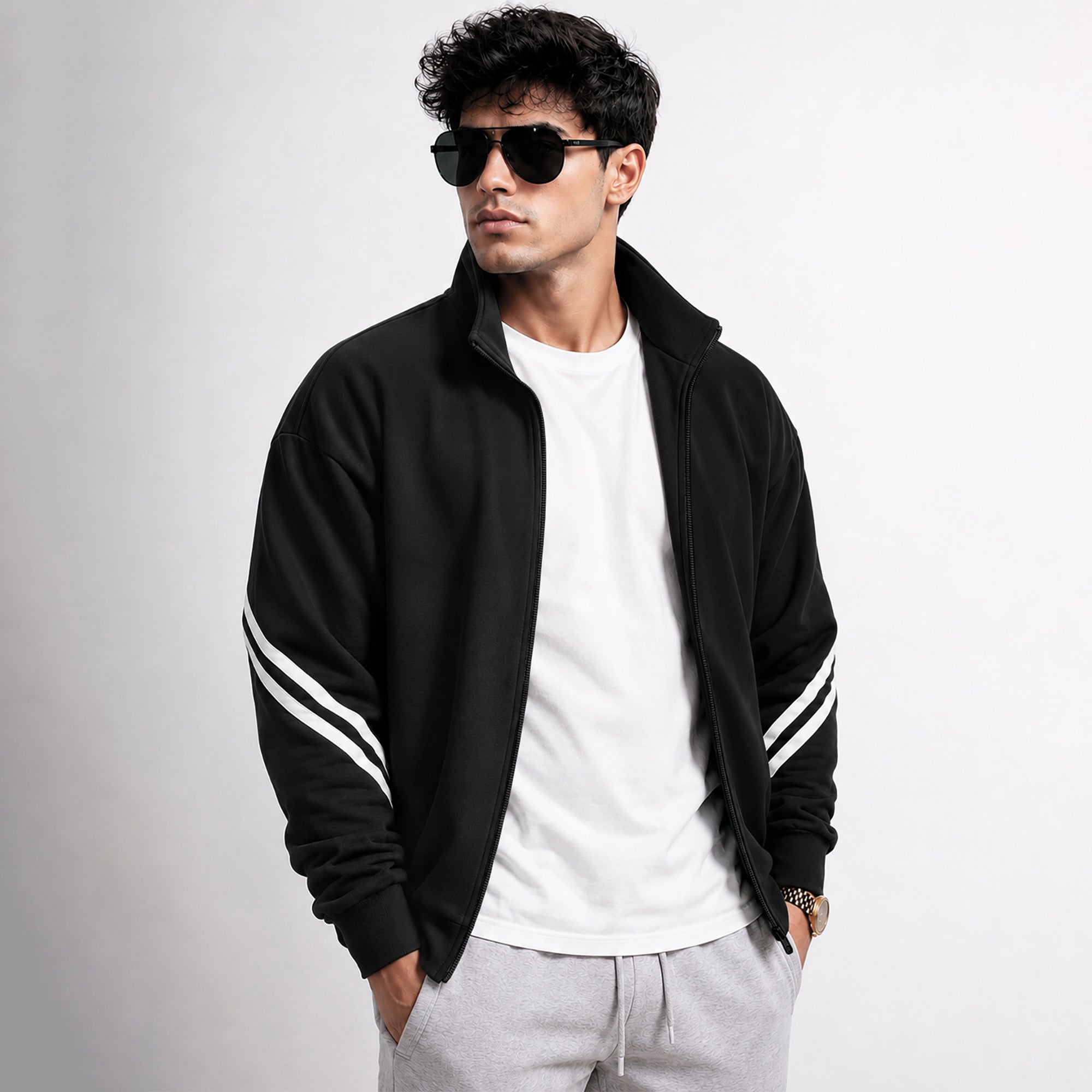 Mens High Neck Color Blocked Winter Jacket Black
