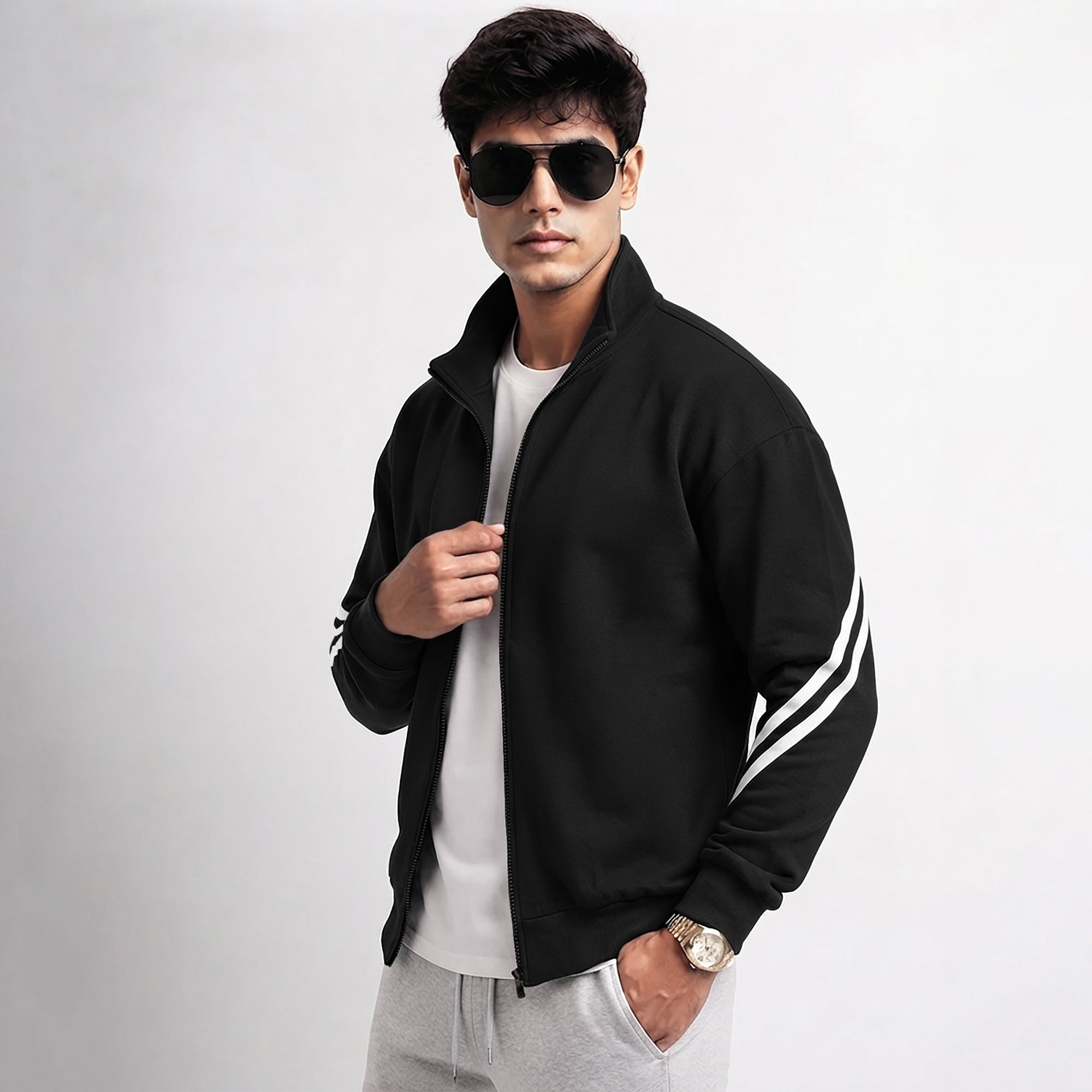Mens High Neck Color Blocked Winter Jacket Black
