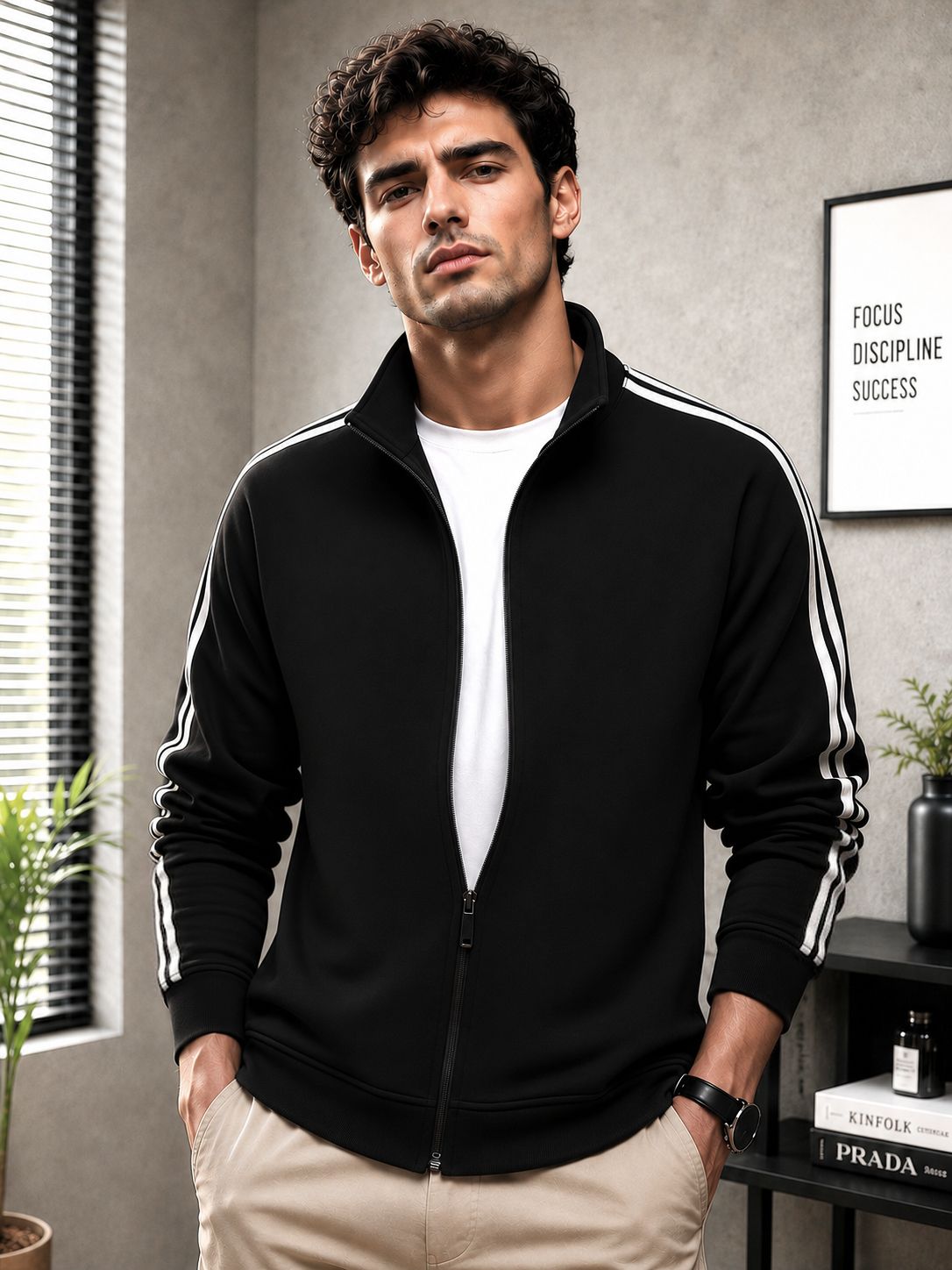 Mens Slim Fit High-Neck Winter Black Jacket with Side Stripes