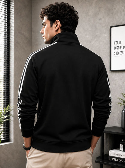 Mens Slim Fit High-Neck Winter Black Jacket with Side Stripes