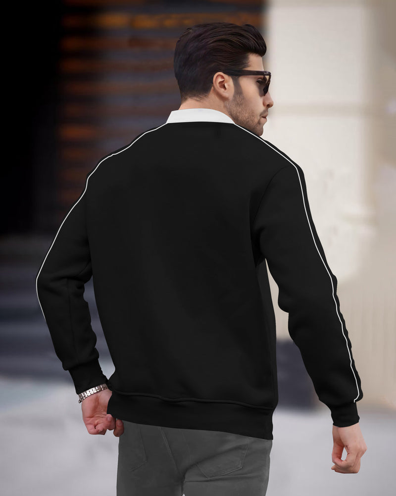 Henley Neck Black White Contrast Sweatshirt - No Hood