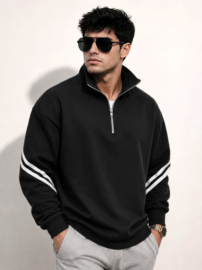 Mens Contrast Stripe Full Sleeve Pullover Sweatshirt Black