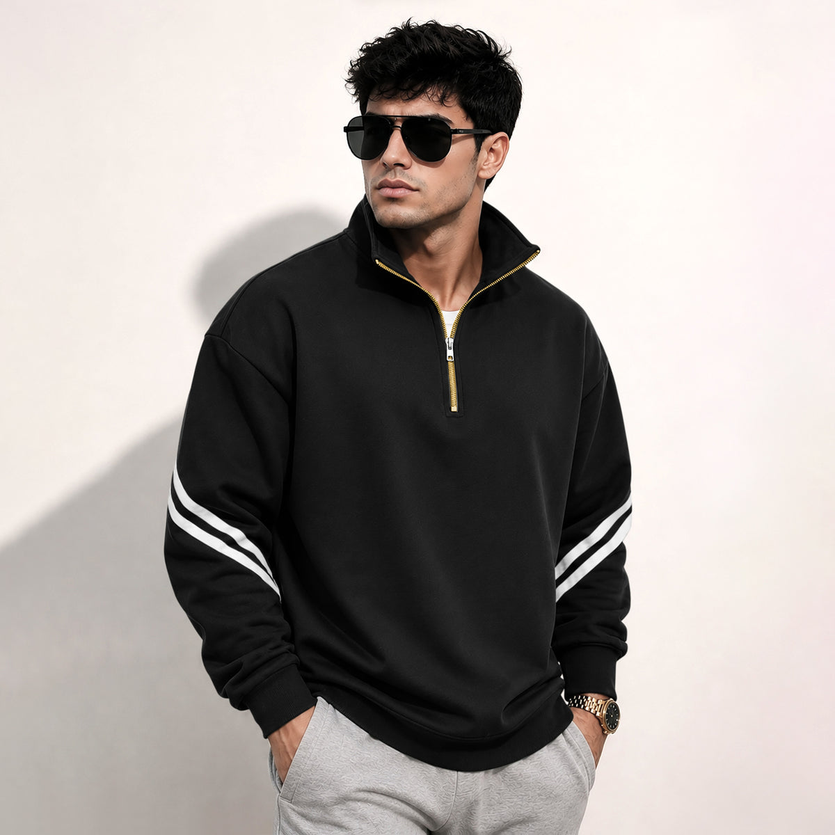 Mens Contrast Stripe Full Sleeve Pullover Sweatshirt Black