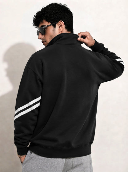 Mens Contrast Stripe Full Sleeve Pullover Sweatshirt Black