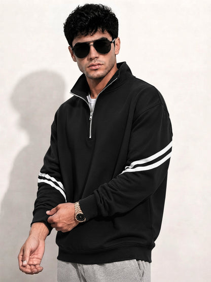 Mens Contrast Stripe Full Sleeve Pullover Sweatshirt Black