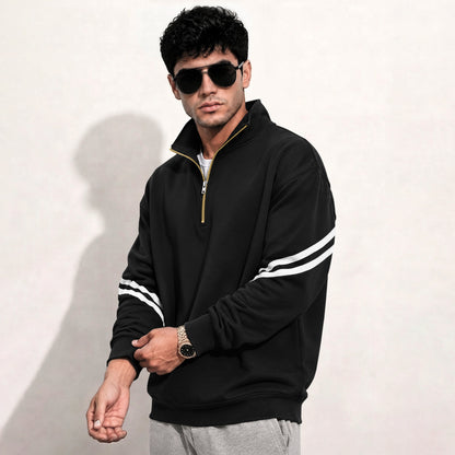Mens Contrast Stripe Full Sleeve Pullover Sweatshirt Black